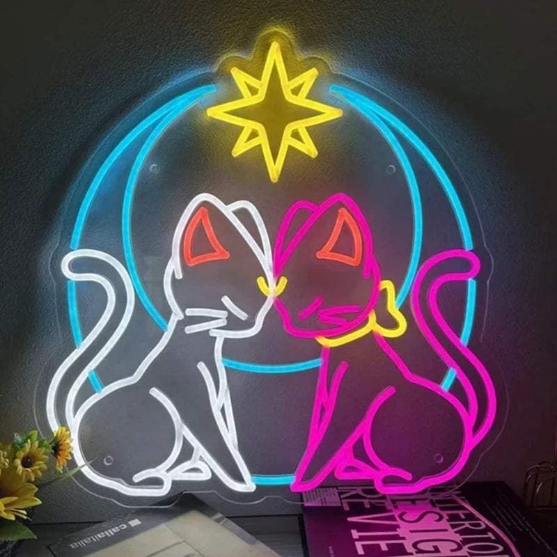 Cats in Love Under Star Behind the moon Astronomy Astrology LED Neon Sign
