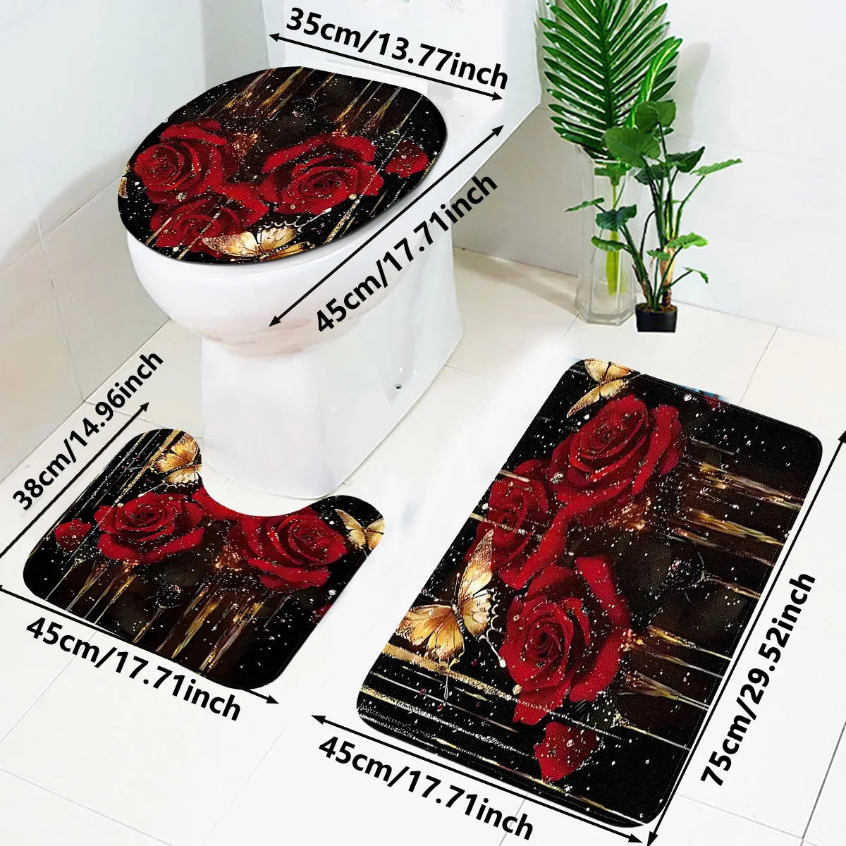 Bathroom Three-Piece Set: Non-Slip Toilet Seat Cover + Floor Mat + U-Shaped Mat, Red Rose Gold Glitter Pattern  Set