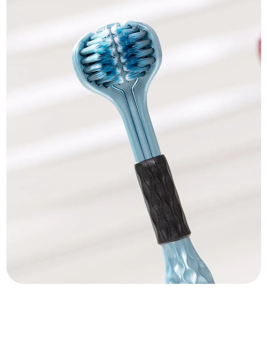Soft Bristle Triple Head Toothbrush for Adults with Tongue Scraper