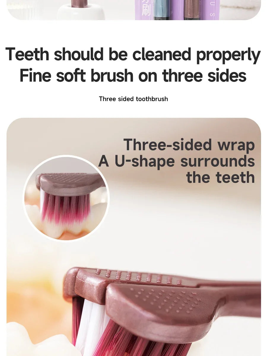 Soft Bristle Triple Head Toothbrush for Adults with Tongue Scraper