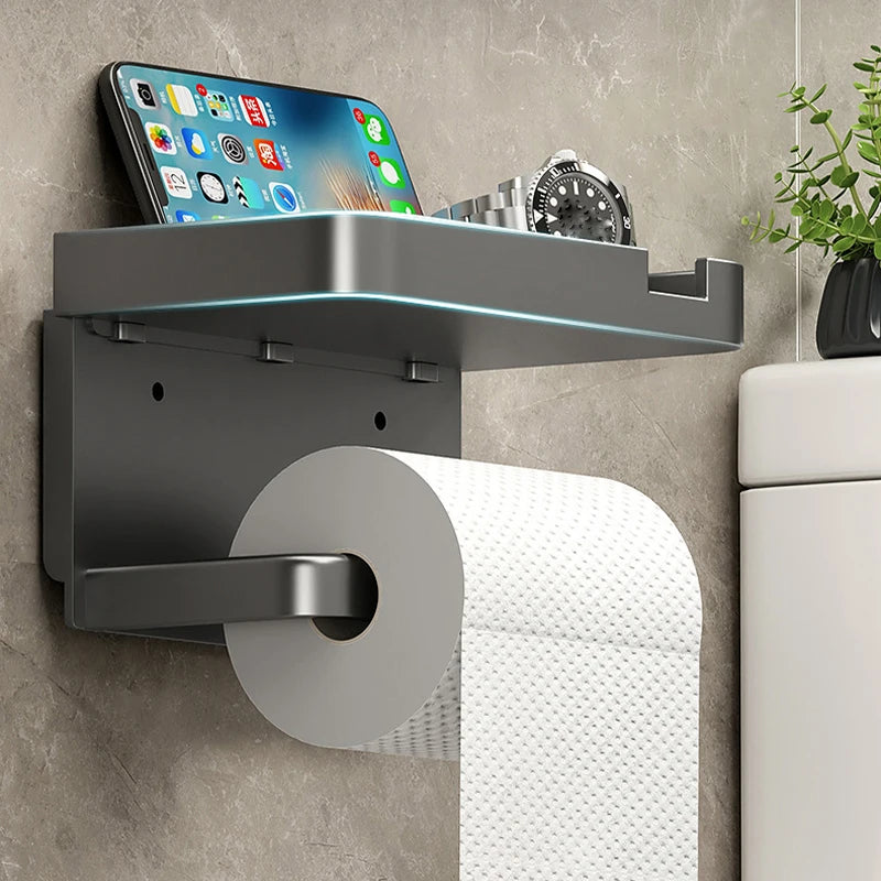 Toilet Paper Holder With Shelf Rack Bathroom Wall Roll Of Paper Phone Storage
