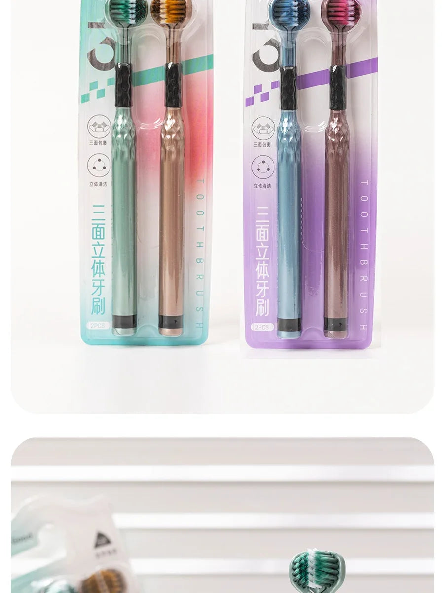 Soft Bristle Triple Head Toothbrush for Adults with Tongue Scraper
