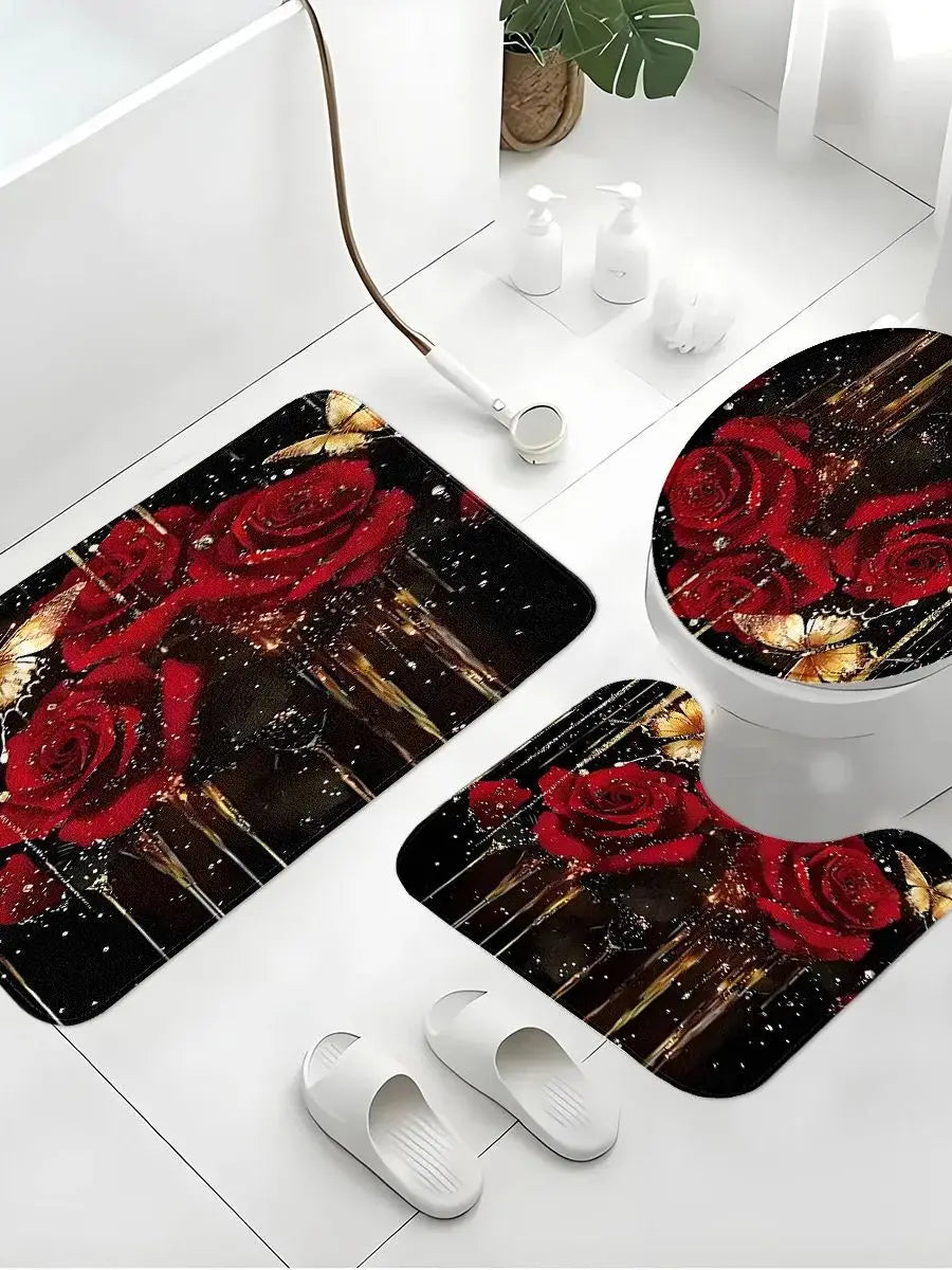 Bathroom Three-Piece Set: Non-Slip Toilet Seat Cover + Floor Mat + U-Shaped Mat, Red Rose Gold Glitter Pattern  Set