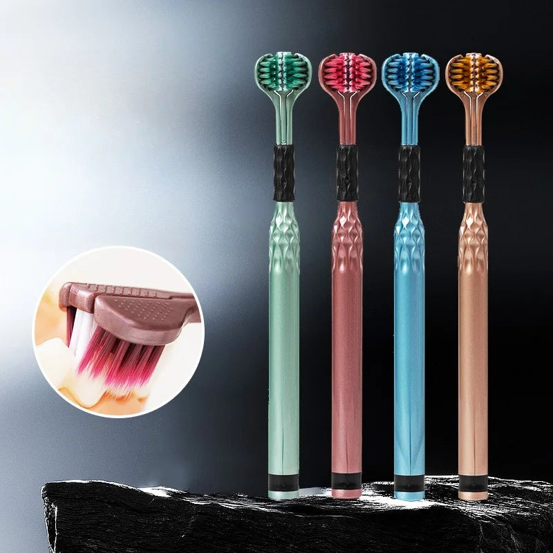 Soft Bristle Triple Head Toothbrush for Adults with Tongue Scraper