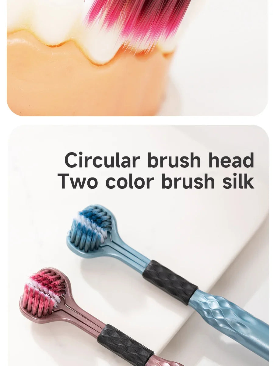Soft Bristle Triple Head Toothbrush for Adults with Tongue Scraper