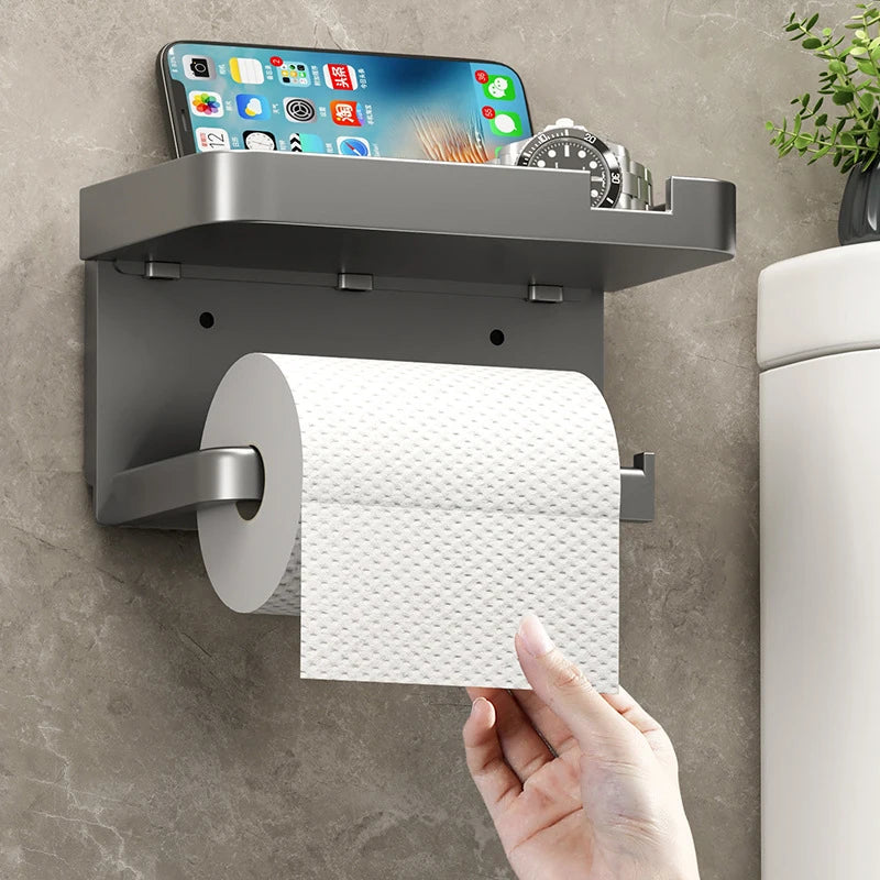 Toilet Paper Holder With Shelf Rack Bathroom Wall Roll Of Paper Phone Storage