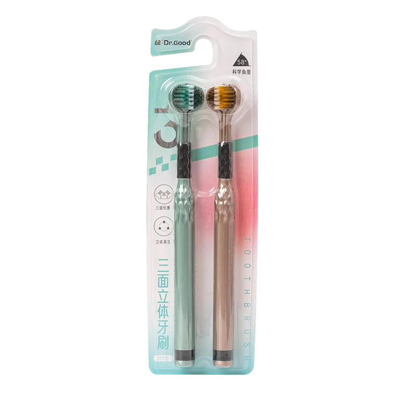Soft Bristle Triple Head Toothbrush for Adults with Tongue Scraper