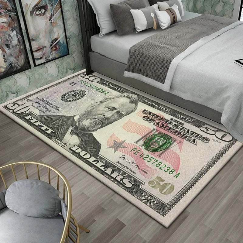 Dollar Money Print Carpet Mat Rug Large Area Bedroom Entryway Non-Slip Stain Resistant Home Decoration