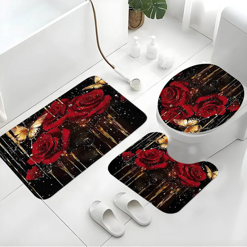 Bathroom Three-Piece Set: Non-Slip Toilet Seat Cover + Floor Mat + U-Shaped Mat, Red Rose Gold Glitter Pattern  Set