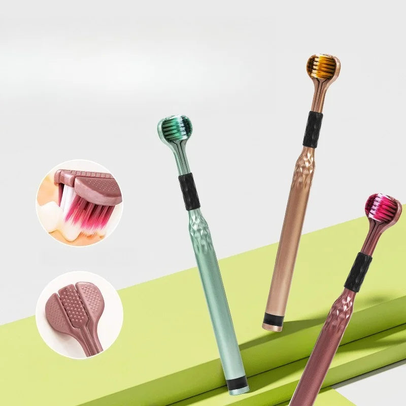 Soft Bristle Triple Head Toothbrush for Adults with Tongue Scraper