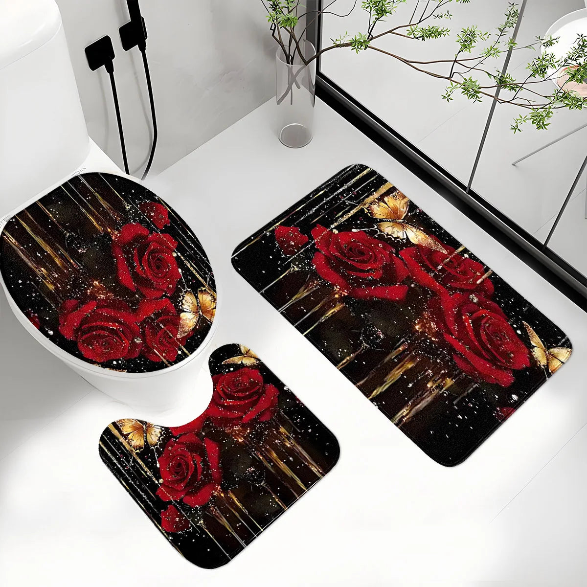 Bathroom Three-Piece Set: Non-Slip Toilet Seat Cover + Floor Mat + U-Shaped Mat, Red Rose Gold Glitter Pattern  Set