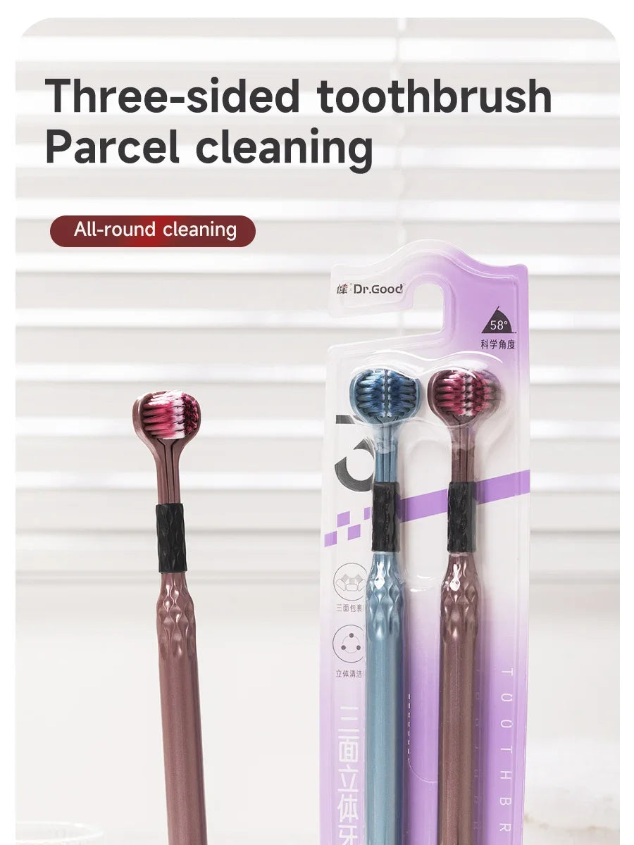 Soft Bristle Triple Head Toothbrush for Adults with Tongue Scraper