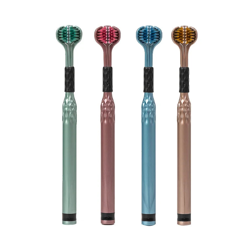 Soft Bristle Triple Head Toothbrush for Adults with Tongue Scraper