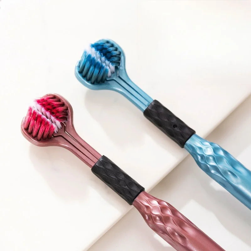 Soft Bristle Triple Head Toothbrush for Adults with Tongue Scraper