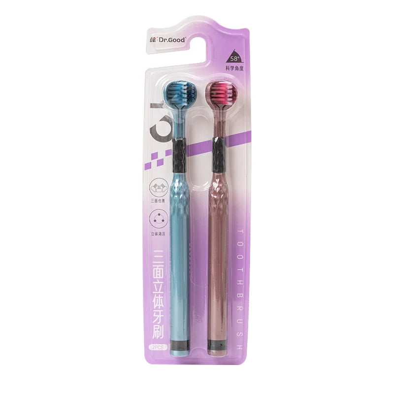 Soft Bristle Triple Head Toothbrush for Adults with Tongue Scraper