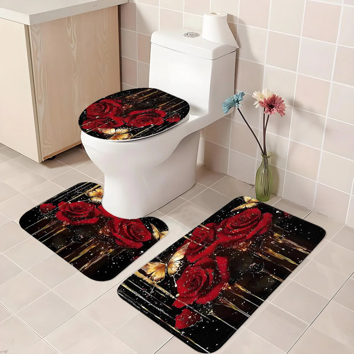 Bathroom Three-Piece Set: Non-Slip Toilet Seat Cover + Floor Mat + U-Shaped Mat, Red Rose Gold Glitter Pattern  Set