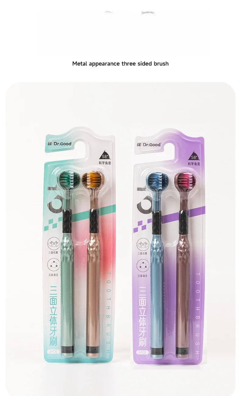 Soft Bristle Triple Head Toothbrush for Adults with Tongue Scraper