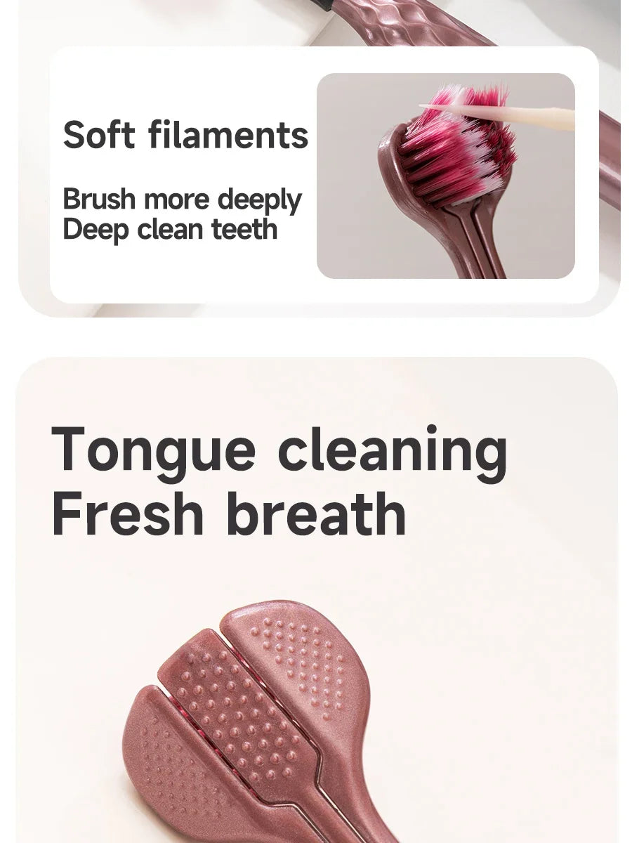 Soft Bristle Triple Head Toothbrush for Adults with Tongue Scraper