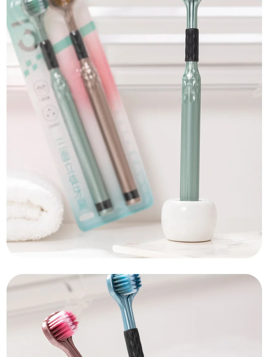 Soft Bristle Triple Head Toothbrush for Adults with Tongue Scraper