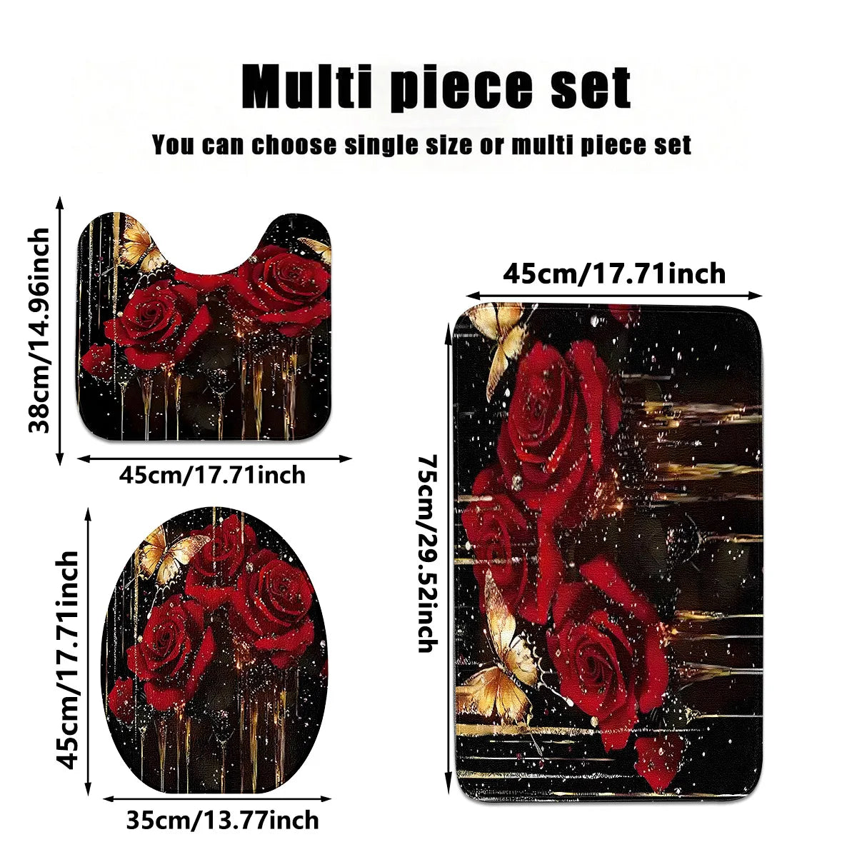 Bathroom Three-Piece Set: Non-Slip Toilet Seat Cover + Floor Mat + U-Shaped Mat, Red Rose Gold Glitter Pattern  Set