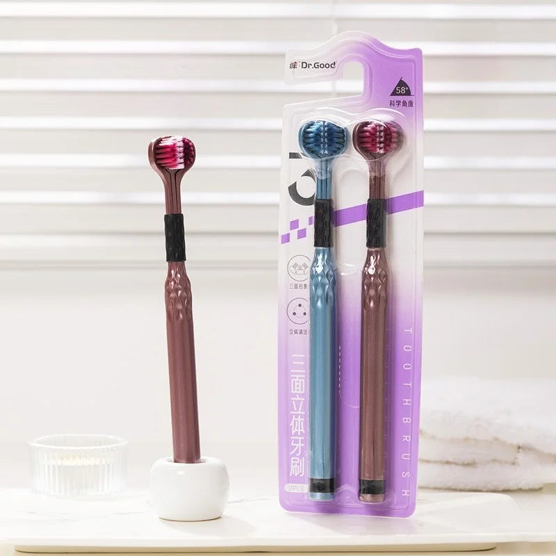 Soft Bristle Triple Head Toothbrush for Adults with Tongue Scraper