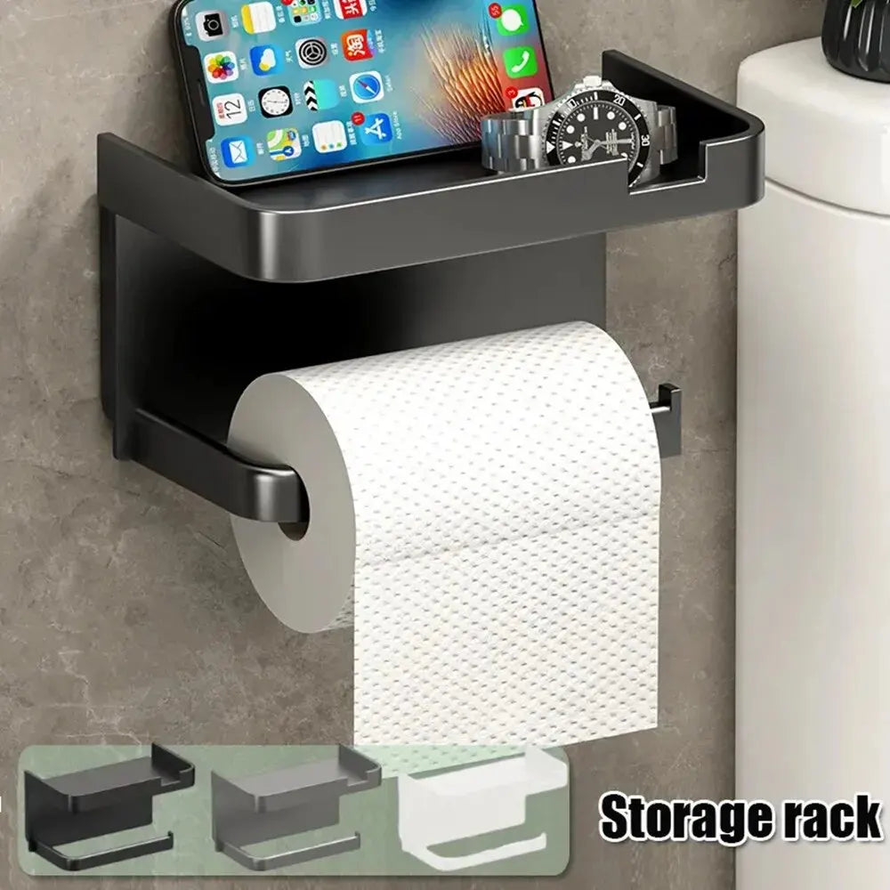 Toilet Paper Holder With Shelf Rack Bathroom Wall Roll Of Paper Phone Storage